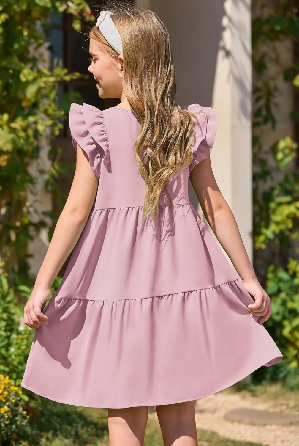 Yousify Girls Summer Dress V Neck Ruffle Sleeve Loose Casual Cute A-Line Dress Sundress Outfits Clothes 5-14 Years