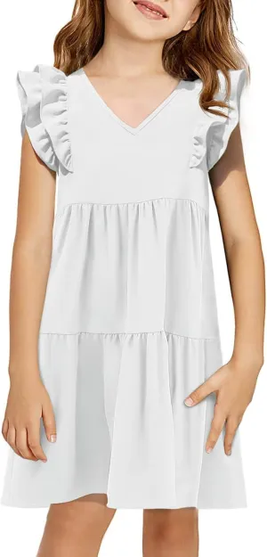 Yousify Girls Summer Dress V Neck Ruffle Sleeve Loose Casual Cute A-Line Dress Sundress Outfits Clothes 5-14 Years