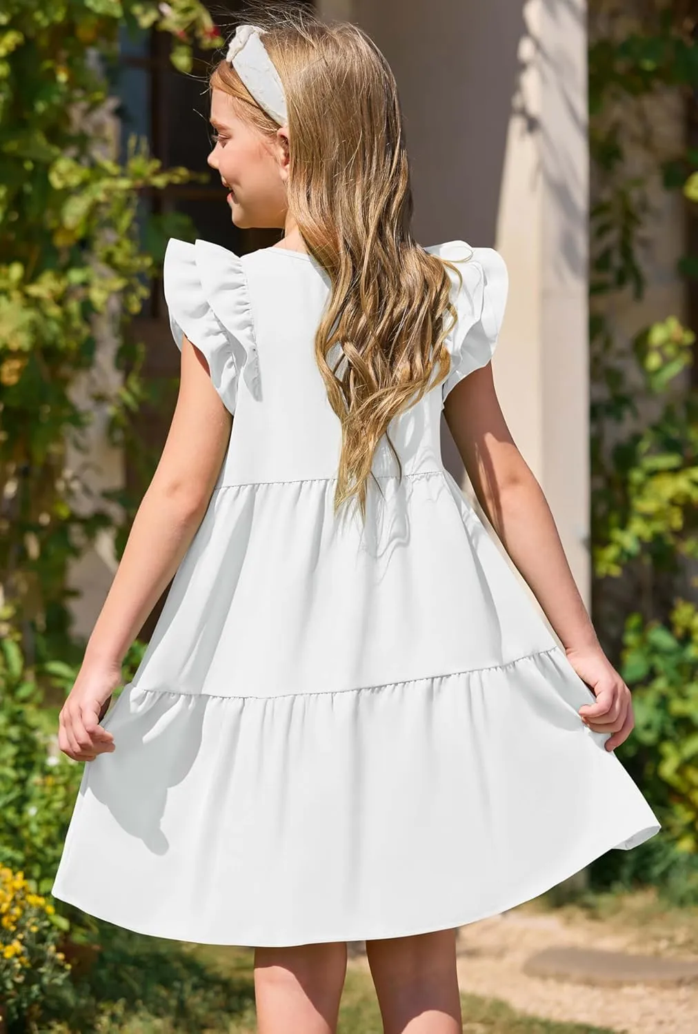 Yousify Girls Summer Dress V Neck Ruffle Sleeve Loose Casual Cute A-Line Dress Sundress Outfits Clothes 5-14 Years