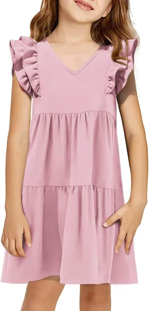 Yousify Girls Summer Dress V Neck Ruffle Sleeve Loose Casual Cute A-Line Dress Sundress Outfits Clothes 5-14 Years