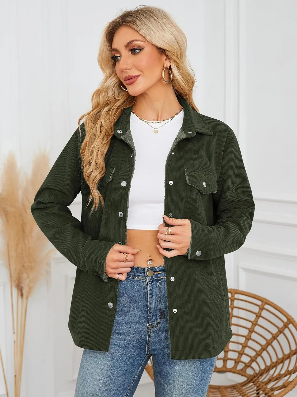 ZAFUL Womens Corduroy Sherpa Jackets Button Down Long Sleeve Fleece Outwear Coat with Pockets