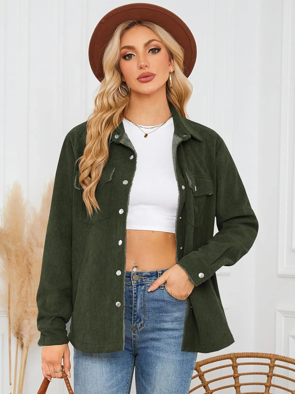 ZAFUL Womens Corduroy Sherpa Jackets Button Down Long Sleeve Fleece Outwear Coat with Pockets