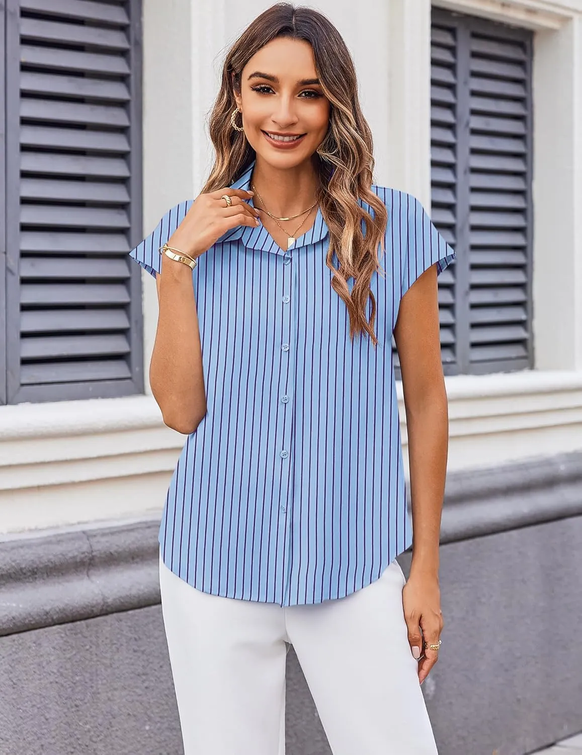 Zeagoo Womens Button Down Shirt V Neck Blouses Cap Sleeve Top Dressy Casual Blouses 2025 Trendy Bussiness Work Outfits S-XXL