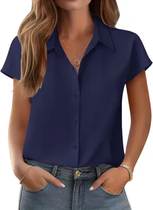 Zeagoo Womens Button Down Shirt V Neck Blouses Cap Sleeve Top Dressy Casual Blouses 2025 Trendy Bussiness Work Outfits S-XXL