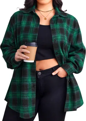 Zeagoo Womens Plus Size Flannel Shirt Plaid Shirts Long Sleeves Casual Button Down Collared Shacket Tops 16W-26W