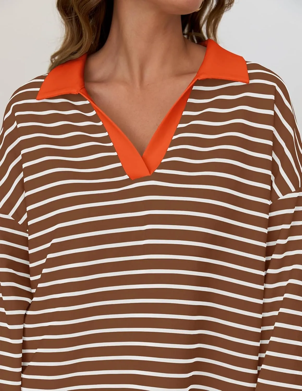 ZESICA Womens Striped Long Sleeve Tops Oversized Sweatshirt V Neck Loose Fit Tunic Tops Spring Casual Blouses