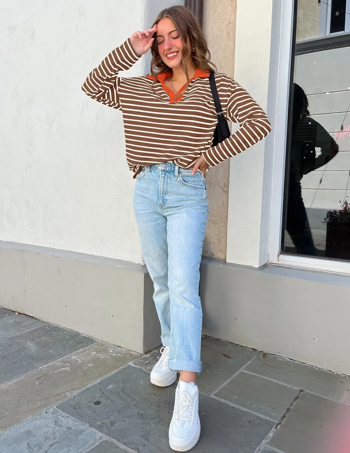 ZESICA Womens Striped Long Sleeve Tops Oversized Sweatshirt V Neck Loose Fit Tunic Tops Spring Casual Blouses