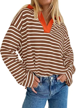 ZESICA Womens Striped Long Sleeve Tops Oversized Sweatshirt V Neck Loose Fit Tunic Tops Spring Casual Blouses