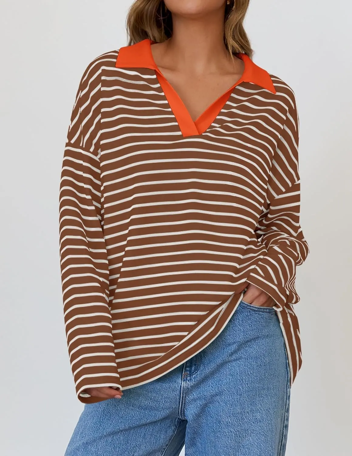 ZESICA Womens Striped Long Sleeve Tops Oversized Sweatshirt V Neck Loose Fit Tunic Tops Spring Casual Blouses