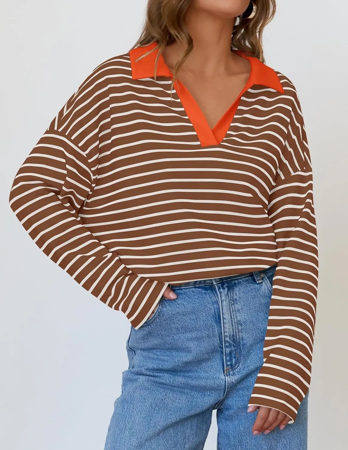 ZESICA Womens Striped Long Sleeve Tops Oversized Sweatshirt V Neck Loose Fit Tunic Tops Spring Casual Blouses