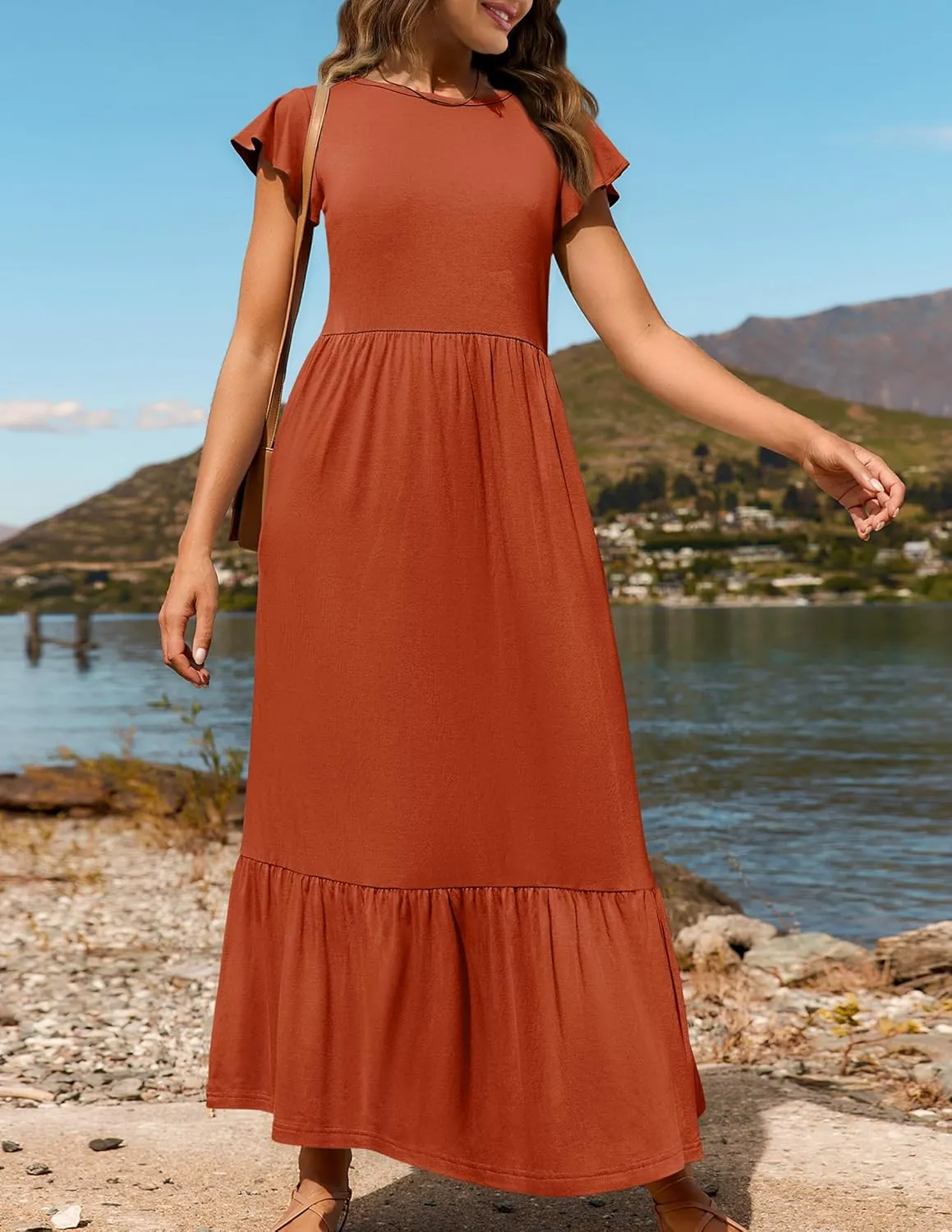ZESICA Women's Summer Casual Dresses Flutter Short Sleeve Crewneck Loose Flowy Tiered Beach Maxi Dress with Pockets