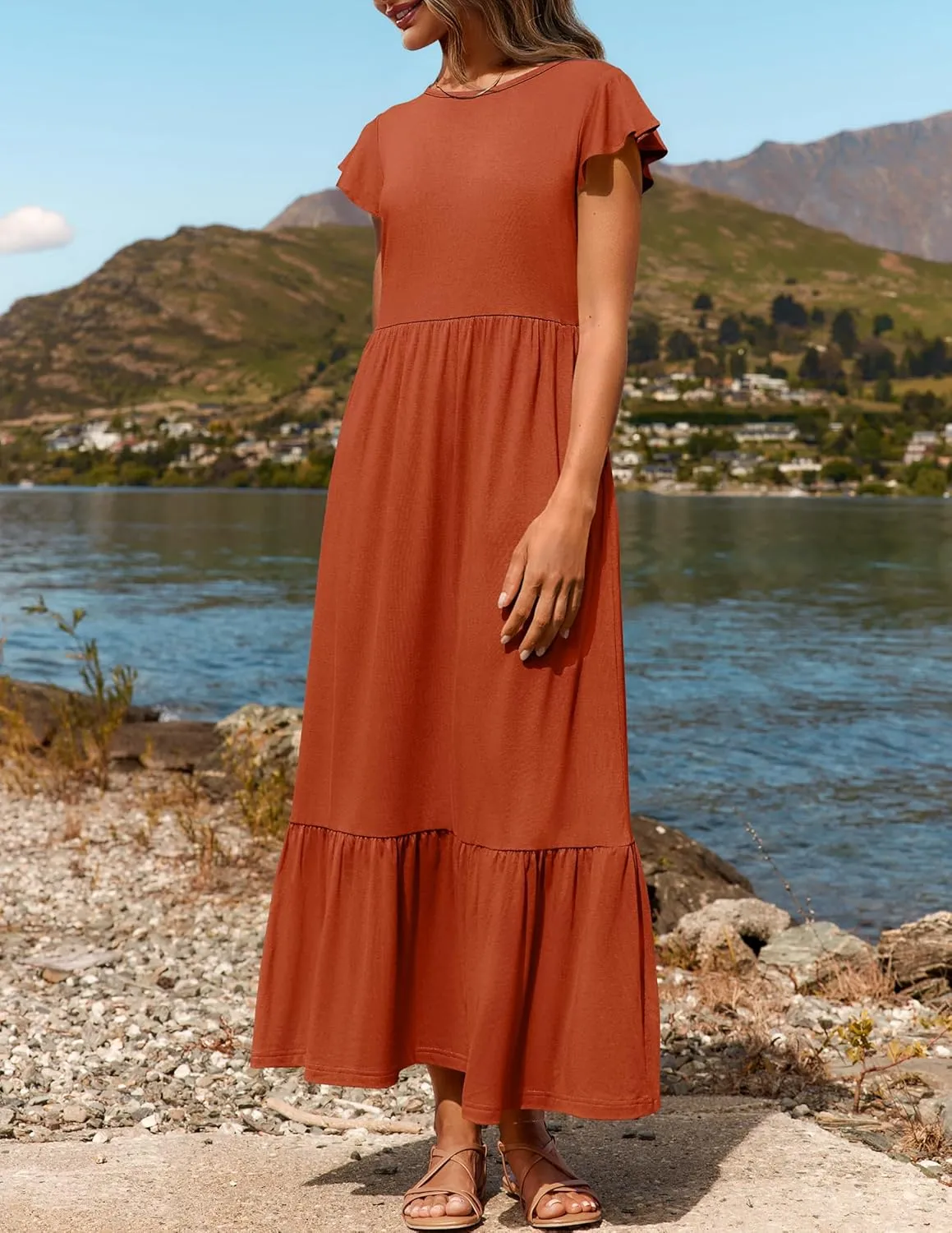 ZESICA Women's Summer Casual Dresses Flutter Short Sleeve Crewneck Loose Flowy Tiered Beach Maxi Dress with Pockets