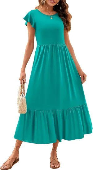ZESICA Women's Summer Casual Dresses Flutter Short Sleeve Crewneck Loose Flowy Tiered Beach Maxi Dress with Pockets