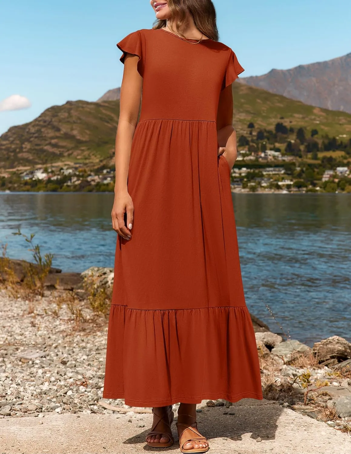 ZESICA Women's Summer Casual Dresses Flutter Short Sleeve Crewneck Loose Flowy Tiered Beach Maxi Dress with Pockets