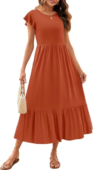 ZESICA Women's Summer Casual Dresses Flutter Short Sleeve Crewneck Loose Flowy Tiered Beach Maxi Dress with Pockets