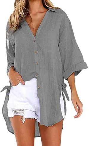Zontroldy 3/4 Sleeve Shirts for Women Summer Oversized Button Down Swimsuit Beach Bathing Cover Ups Shirt Blouse Tops
