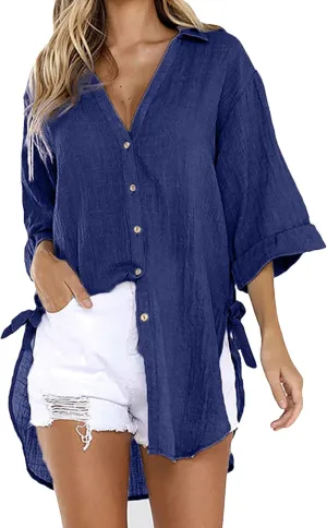 Zontroldy 3/4 Sleeve Shirts for Women Summer Oversized Button Down Swimsuit Beach Bathing Cover Ups Shirt Blouse Tops